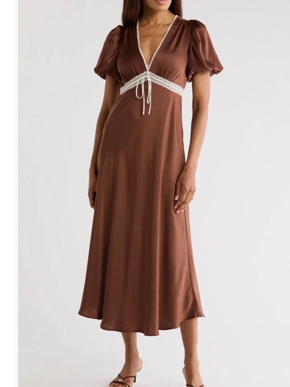 WAYF  Lace Trim Puff Sleeve Midi Dress